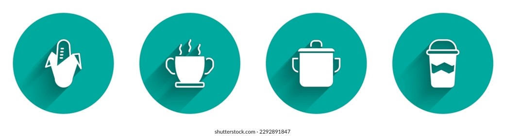 Set Corn, Bowl of hot soup, Cooking pot and Coffee cup to go icon with long shadow. Vector