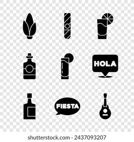 Set Corn, Cigar, Tequila glass with lemon, bottle, Fiesta, Mexican guitar,  and  icon. Vector