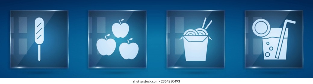 Pon perro de maíz, Apple, fideos asiáticos y palillos y cóctel. Paneles de vidrio cuadrado. Vector