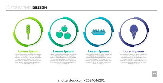 Set Corn dog, Apple, Nachos in plate and Ice cream in waffle cone. Business infographic template. Vector