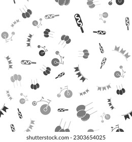 Set Corn dog, Balloons with ribbon, Carnival garland with flags and Vintage bicycle with one big wheel and one small on seamless pattern. Vector