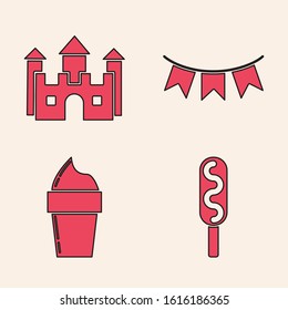 Set Corn dog, Castle, Carnival garland with flags and Ice cream in waffle cone icon. Vector