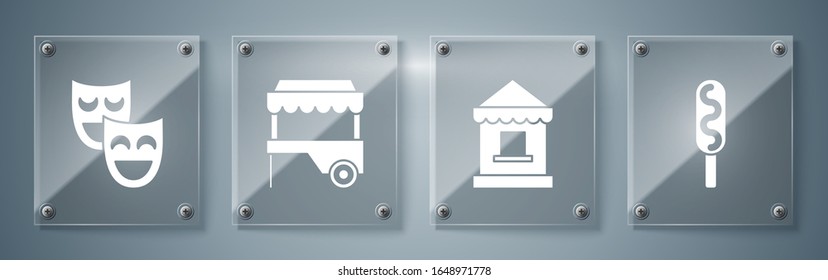 Set Corn dog, Ticket box office, Fast street food cart with awning and Comedy theatrical masks. Square glass panels. Vector
