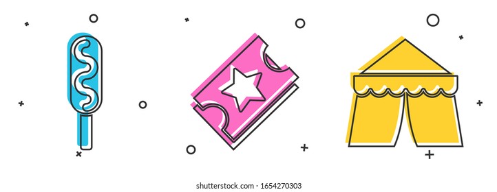 Set Corn dog, Ticket and Circus tent icon. Vector