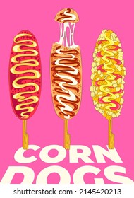 A set of corn dogs. Vector illustration of the famous Korean corn dog with street food