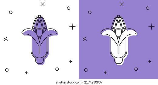 Ajuste el icono de maíz aislado en fondo blanco y púrpura.  Vector