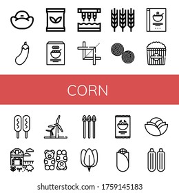 Set Of Corn Icons. Such As Bean Bag, Eggplant, Seed Bag, Corn, Seeder, Crop, Wheat, Liquorice, Cereals, Popcorn, Corn Dog, Sheep Farm, Wind Energy, Gummy Bear, Asparagus , Icons