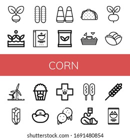 Set Of Corn Icons. Such As Radish, Crops, Cucumber, Cereals, Corn, Seed Bag, Taco, Nachos, Cabbage, Wind Energy, Popcorn, Bean Bag, Veterinary, Arepas, Corn Dog, Wheat , Icons