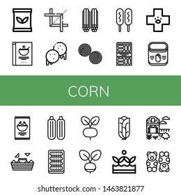 Set of corn icons such as Seed bag, Cereals, Crop, Arepas, Liquorice, Corn dog, Snack, Veterinary, Corn, Nachos, Zucchini, Cucumber, Radish, Cabbage, Crops, Sheep farm ,