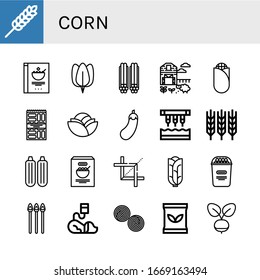 Conjunto de iconos de maíz. Tales como Trigo, Cereales, Espinacas, Licorice, Ganado ovino, Maíz, Sancho, Basura, Oberenjena, Seeder, Zucchini, Crop, Popcorn, Asparagus, Veterinario , íconos de maíz