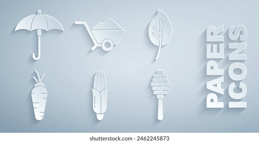 Set Corn, Leaf leaves, Carrot, Honey dipper stick, Wheelbarrow with dirt and Umbrella icon. Vector