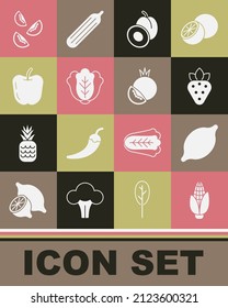 Set Corn, Lemon, Strawberry, Plum fruit, Cabbage, Apple, Tomato and  icon. Vector