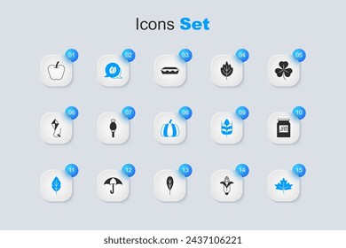 Set Mais, Opiummohn, Blatt, kanadisches Ahornblatt, Marmeladenglas, Apfel und Kürbis Symbol. Vektor