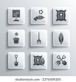 Set Corn in the sack, Shovel and rake, Garden, Flower pot, Tree and Pack full of seeds of plant icon. Vector