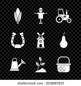 Set Corn, Scarecrow, Tractor, Watering can, Sprout, Shopping basket, Horseshoe and Windmill icon. Vector