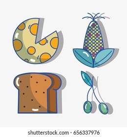 set corn with slice bread and pizza with cherry