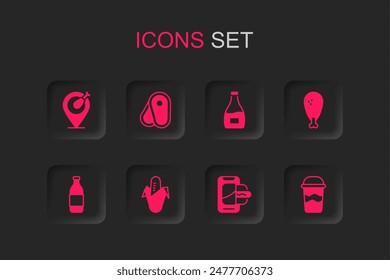 Set Corn, Steak meat, Chicken leg, Food ordering on mobile, Coffee cup to go, Sauce bottle and Bottle wine icon. Vector