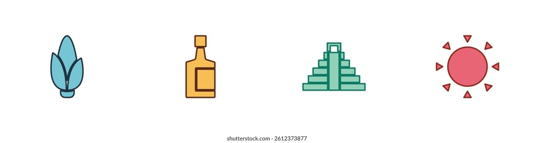Set Corn, Tequila bottle, Chichen Itza in Mayan and Sun icon. Vector