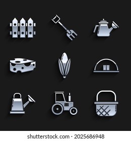 Set Corn, Tractor, Shopping basket, Hangar, Watering can, Cheese,  and Garden fence wooden icon. Vector