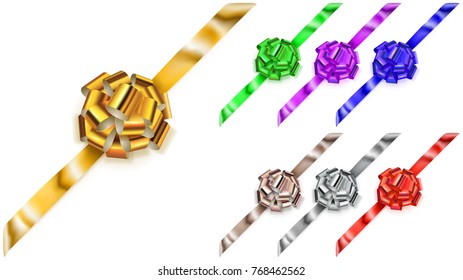 Set of corner beautiful big bows made of colored shiny ribbons with shadows on white background