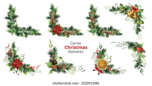 Set of corner Christmas elements with poinsettia, berries, cones, jingle bells, orange slices.  Spruce corner garlands. Vector illustration.