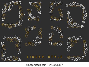 Set of corner decorative elements. Vintage, vector design elements, invitations, frames, menus, labels, and websites. Graphics, vector. In a linear, antique style. On a black background.