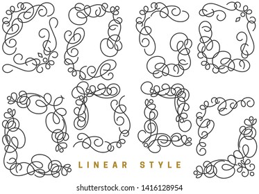 Set of corner decorative elements. Vintage, vector design elements, invitations, frames, menus, labels, and websites. Graphics, vector. In a linear, antique style. On a white background.