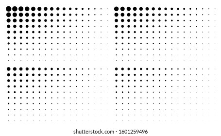 Set of corner gradient halftone dots backgrounds. Horizontal templates using halftone dots pattern. Vector illustration