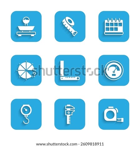Set Corner ruler, Calliper caliper and scale, Roulette construction, Speedometer, Hand spring mechanical, Circle of pieces, Calendar and Scales icon. Vector