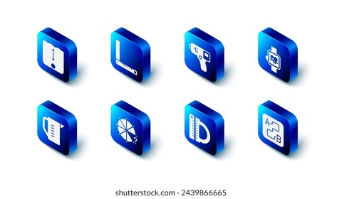 Ajuste la regla de esquina, termómetro digital, reloj inteligente, ubicación de ruta, transportador y, círculo de piezas, taza de medición e icono de medición de profundidad. Vector