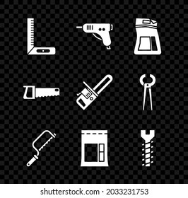 Fijar la regla de la esquina, pistola eléctrica de pegamento caliente, bolsa de cemento, motosierra, tornillo metálico, mano e icono de Chainsaw. Vector