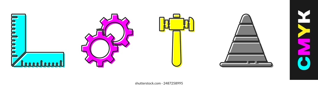 Set Corner ruler, Gear, Hammer and Traffic cone icon. Vector