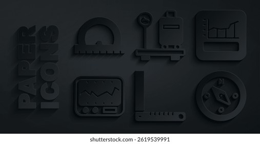 Set Corner ruler, Graph, schedule, chart, diagram, Measuring instrument, Compass, Scale with suitcase and Protractor icon. Vector