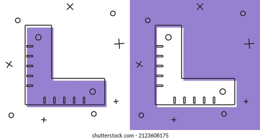 Set Corner ruler icon isolated on white and purple background. Setsquare, angle ruler, carpentry, measuring utensil, scale.  Vector