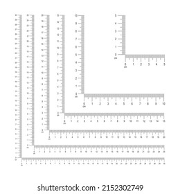 Set of corner ruler templates with centimeters and millimeters markup and numbers. Measuring tool with 5, 10, 15, 20, 25, 30 cm vertical and horizontal lines. Vector graphic illustration