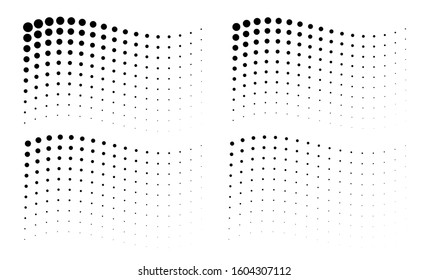 Set of corner wavy gradient halftone dots backgrounds. Horizontal templates using halftone wave pattern. Flag shape. Logo design element. Vector illustration.