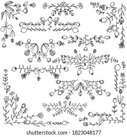 A set of corners, decorative rulers of doodle flowers with various rounded petals and leaves, plant elements for creating abstract floral compositions, outline vector illustration