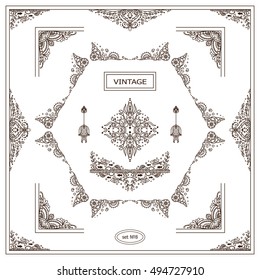 Set of corners, frames, borders, symbols in ornate vintage hand drawn doodle style. Seaweed, snail, shell, coral, ocean, sea, water, undersea elements for design. Vector photo decor stickers