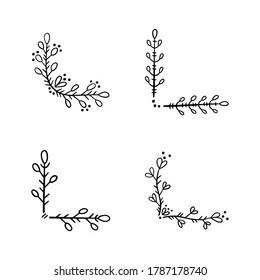 Un conjunto de esquinas para la decoración de páginas. Diseñar elementos en estilo doodle. Estilo natural, ramas, plantas. Borde negro sobre fondo blanco.