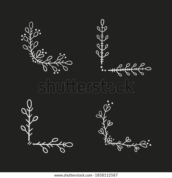 A set of corners for page decoration.\
Design elements in doodle style. Natural style, branches, plants.\
White chalk outline on a black\
background.