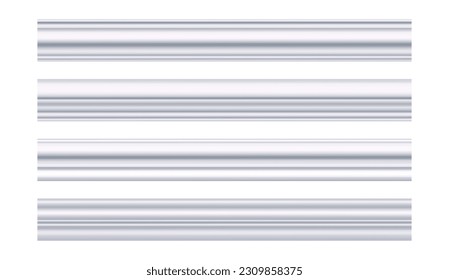 A set of сeiling cornice. White molding. Can be used to decorate any interior as an artistic element on house walls, ceilings, smooth surfaces. Realistic vector illustration isolated on white 