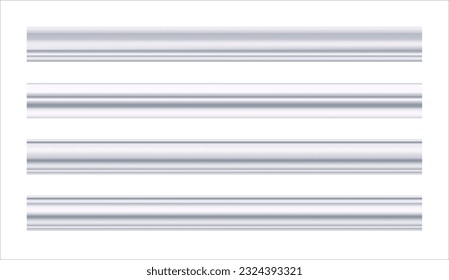 A set of сeiling cornice. White molding. Can be used to decorate any interior as an artistic element on house walls, ceilings, smooth surfaces. Realistic vector illustration isolated on white