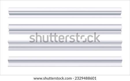 A set of сeiling cornice. White molding. Can be used to decorate any interior as an artistic element on house walls, ceilings, smooth surfaces. Realistic vector illustration isolated on white