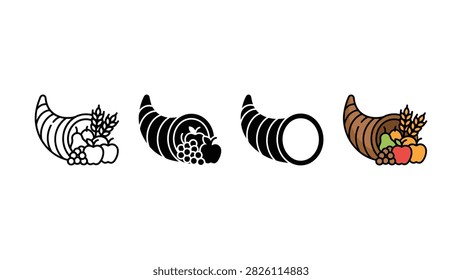 Set of cornucopia horn of plenty icons in various flat and outline styles