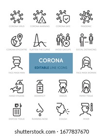 Set of Corona related vector line icons with editable stroke. Contains icons such as Virus, Pandemic, Corona, Measures and more.