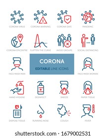 Set of Corona related vector line icons with editable stroke. Contains icons such as Virus, Pandemic, Corona, Measures and more.