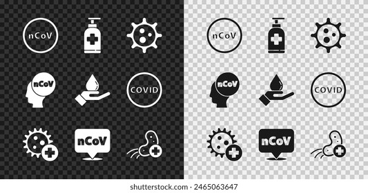 Set Corona virus 2019-nCoV, Bottle of liquid antibacterial soap, Virus, Positive, location,  and Washing hands with icon. Vector