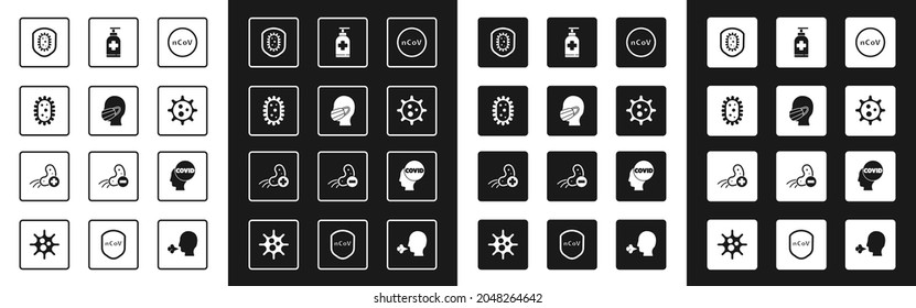 Set Corona virus 2019-nCoV, Face in medical protective mask, Virus, Shield protecting from, Bottle of liquid antibacterial soap, covid-19 and Positive icon. Vector