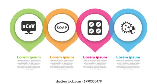 Set Corona virus 2019-nCoV on location, Bar of soap, Pills in blister pack and Shield protecting from virus. Business infographic template. Vector