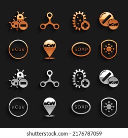 Set Corona virus 2019-nCoV on location, Medicine pill tablet, Shield protecting from, Bar of soap, Positive, Negative and Virus icon. Vector